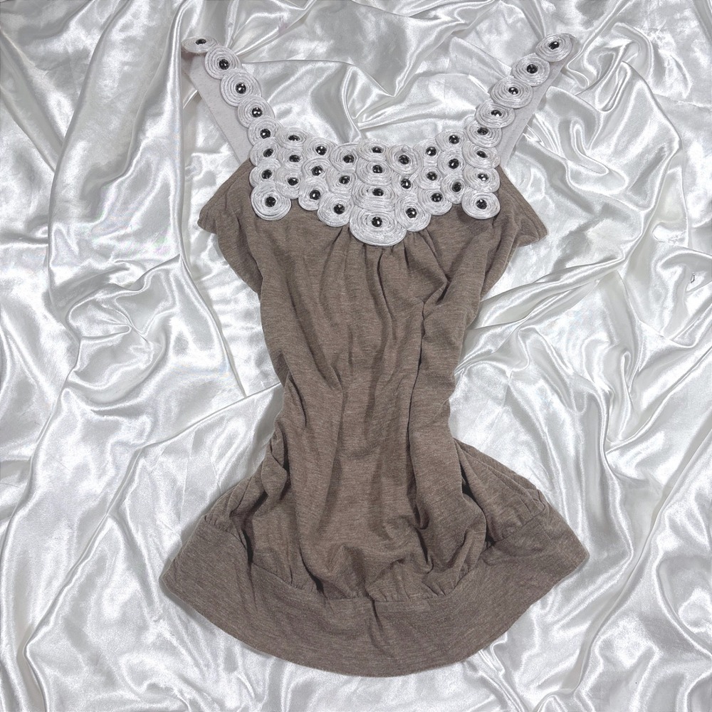 y2k Tank Top Brown Excellent Rosette Studded Bubble Hem Body Central Vintage